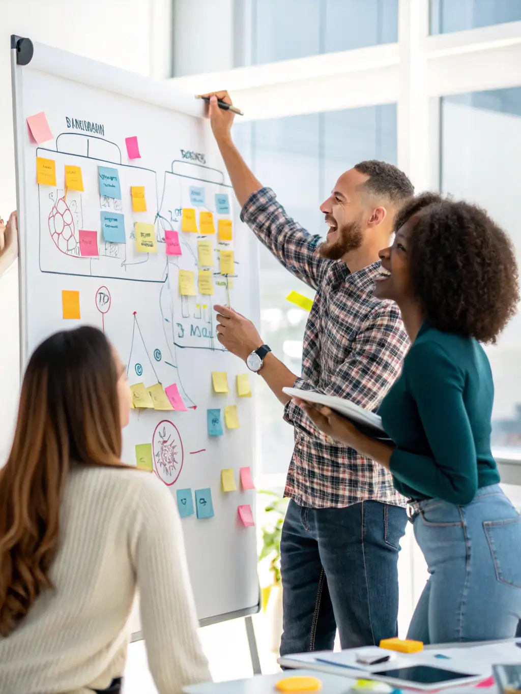 A diverse marketing team brainstorming ideas around a table in a modern, creative workspace, representing marketing strategy development.