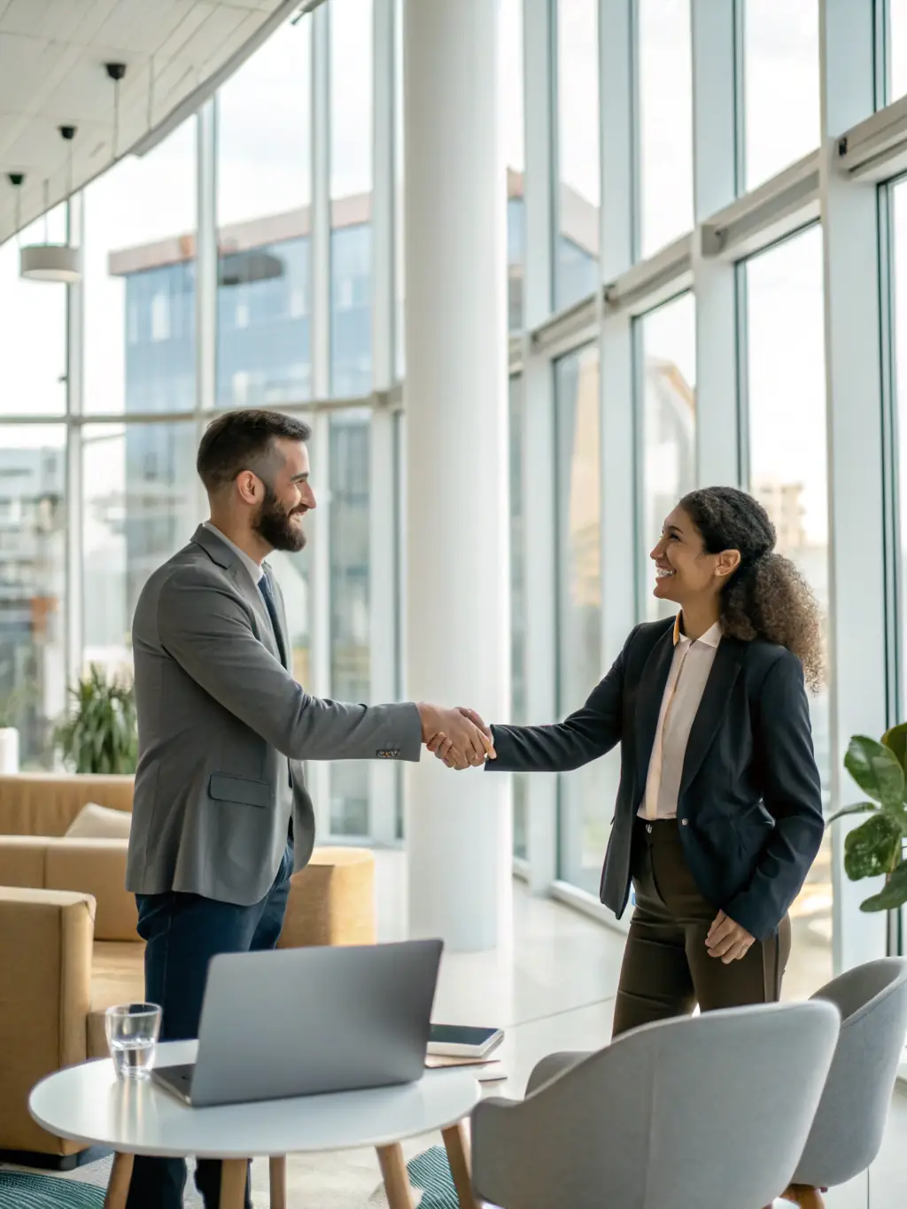 A consultant in a suit, smiling and shaking hands with a client in a modern office, symbolizing a successful business strategy consulting session.