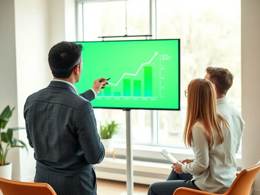 A consultant in a suit is presenting a growth chart to a team in a modern office, symbolizing strategic business planning.