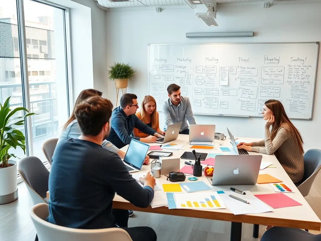 A marketing team is brainstorming ideas around a table with laptops and sticky notes, illustrating marketing strategy development.